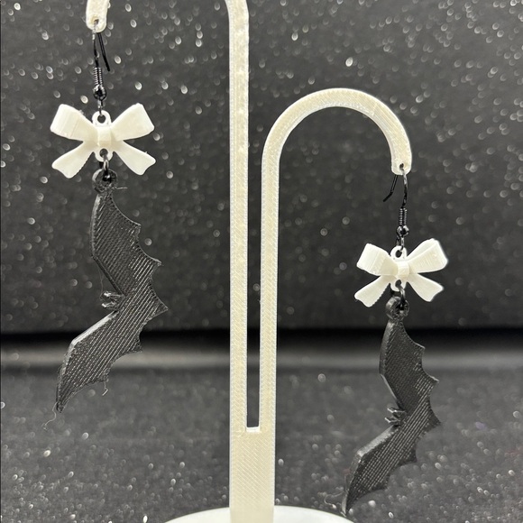 Bat Earrings with White Bow – Cute Spooky Halloween Jewelry - Picture 4 of 4